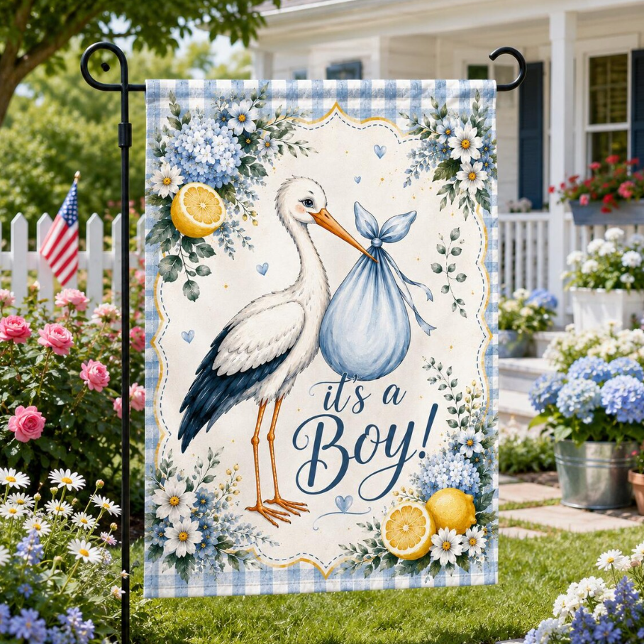 Baby Shower Garden Flag, It's a Boy Garden Flag, Stork Baby Shower Decor, Blue Floral Welcome Baby Yard Flag