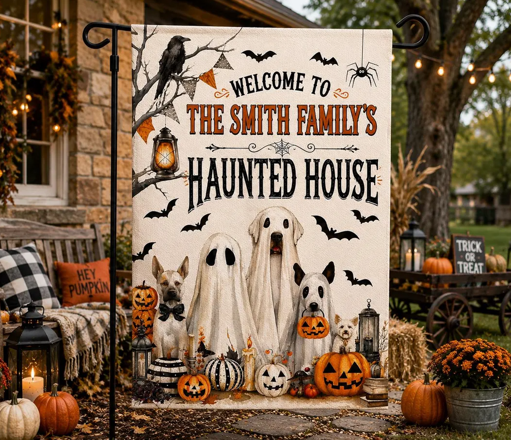 Personalized Haunted House Garden Flag, Custom Family Name Halloween Flag