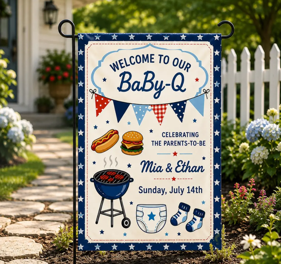 Personalized Baby Shower Garden Flag BBQ Welcome to Our Baby-Q Boy Yard Flag Outdoor Decor
