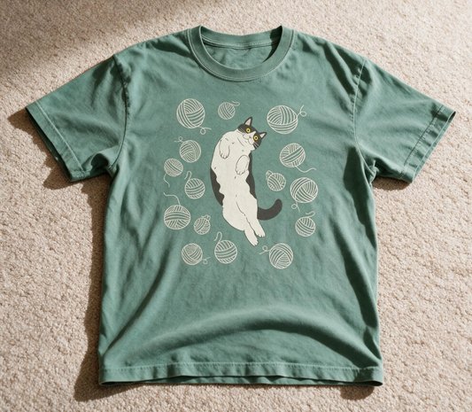 Comfort Colors Cat with Yarn T-Shirt Light Green Color Size L