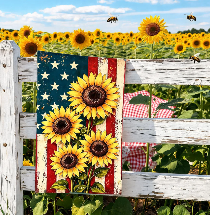 Patriotic Sunflower Garden Flag, Rustic American Farmhouse Decor