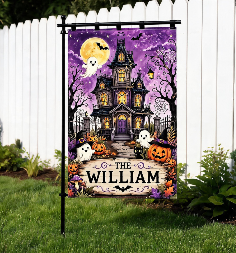 Personalized Halloween Haunted House Garden Flag, Custom Family Name Yard Flag
