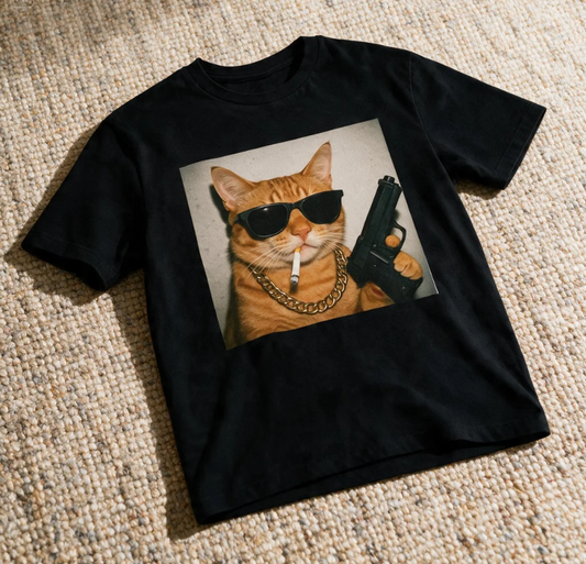 Funny Gangster Cat T-Shirt Black Color Size XL
