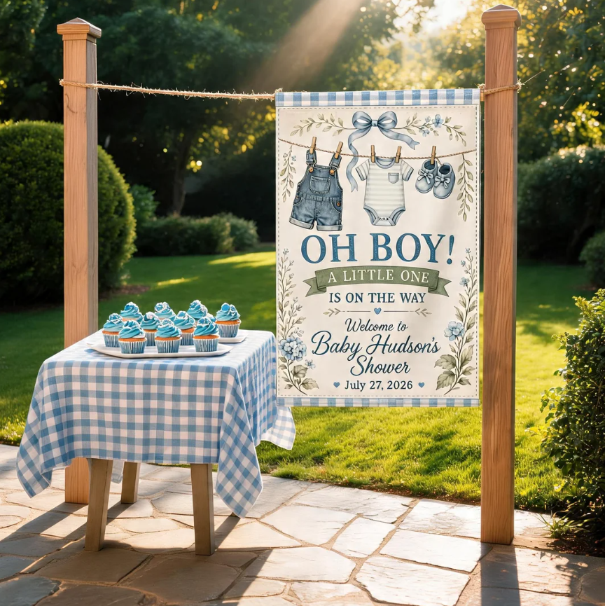 Baby Boy Shower Garden Flag Personalized Welcome Banner, Blue Baby Clothes Theme Yard Decor