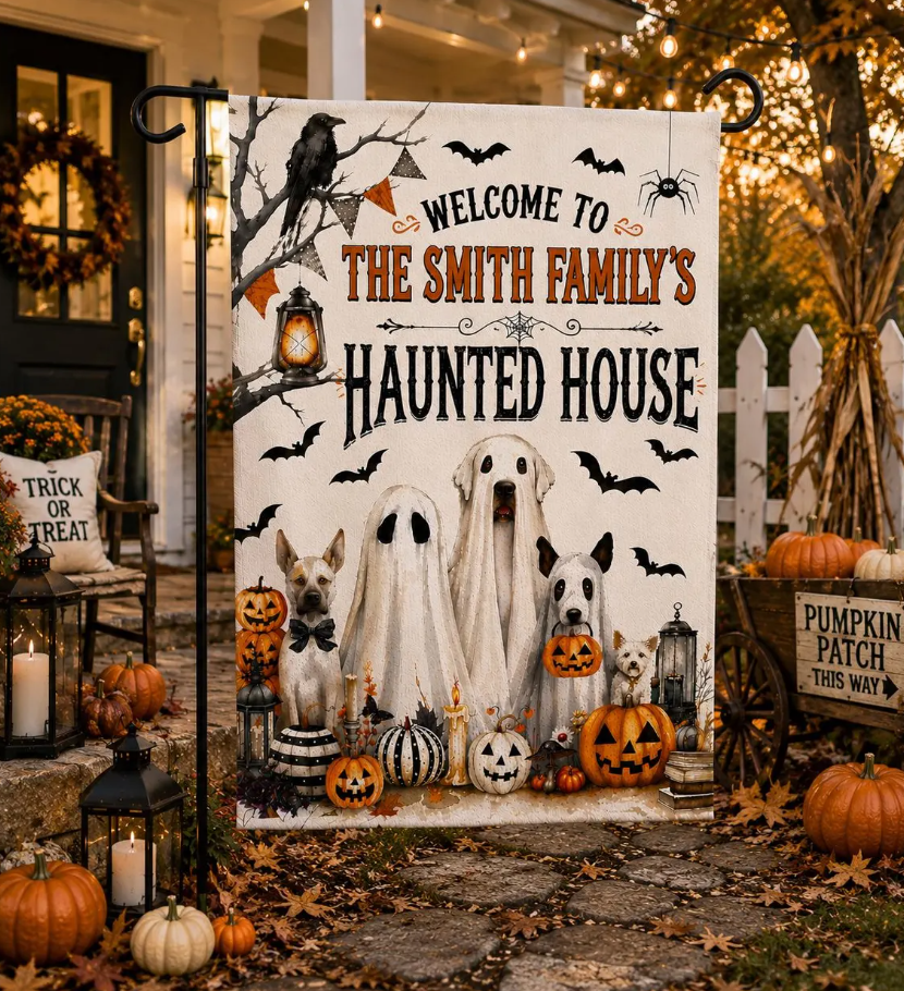 Personalized Haunted House Garden Flag, Custom Family Name Halloween Flag