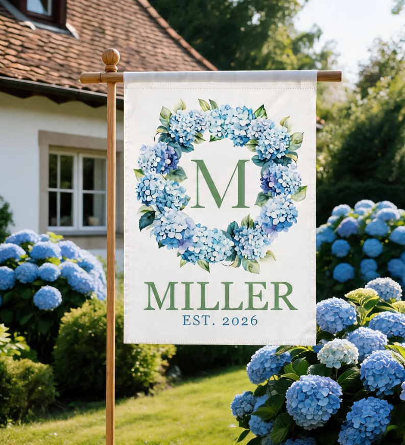 Personalized Hydrangea Monogram Flag, Cottagecore Outdoor Decor, Custom Family Name Yard Banner