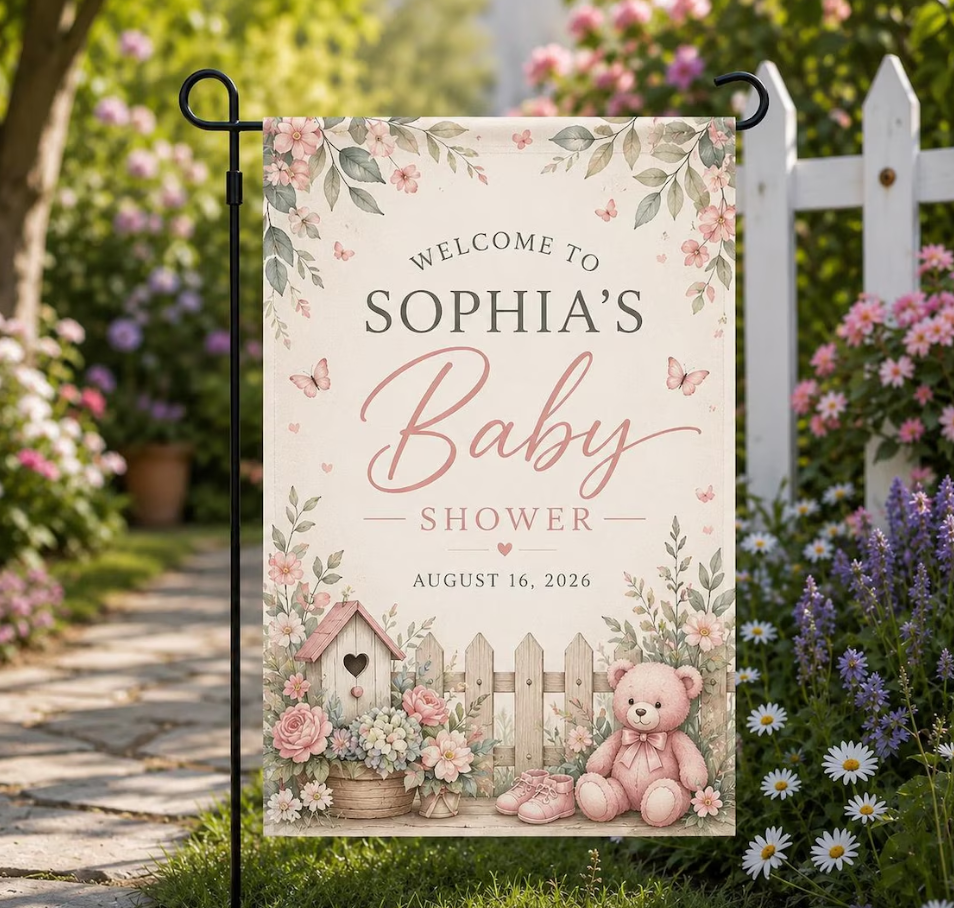 Personalized Wildflower Baby Shower Garden Flag, Custom Name Date Welcome Yard Sign, Floral Boho Baby Shower Party Decor