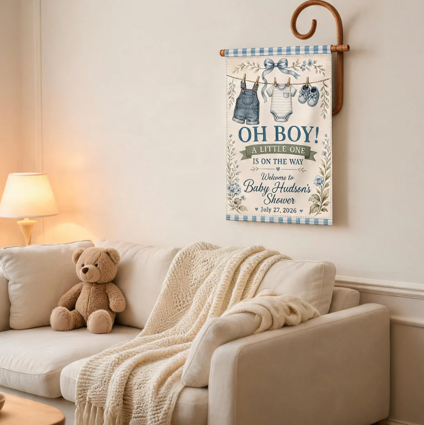 Baby Boy Shower Garden Flag Personalized Welcome Banner, Blue Baby Clothes Theme Yard Decor