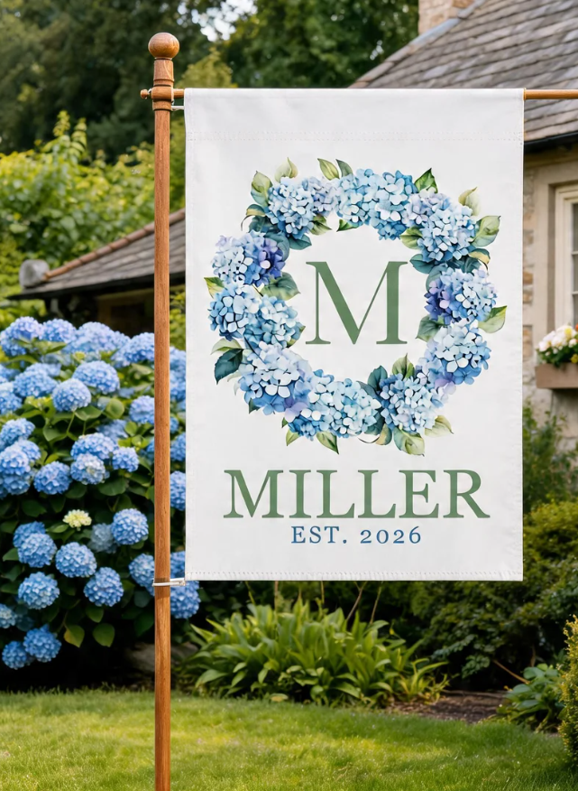 Personalized Hydrangea Monogram Flag, Cottagecore Outdoor Decor, Custom Family Name Yard Banner