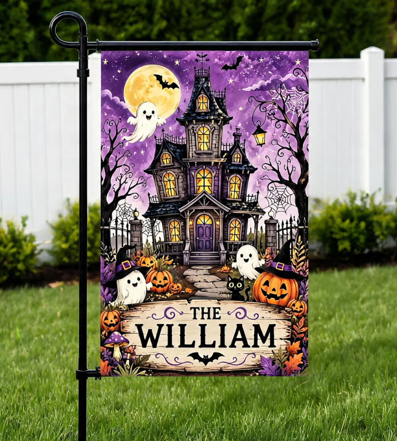 Personalized Halloween Haunted House Garden Flag, Custom Family Name Yard Flag