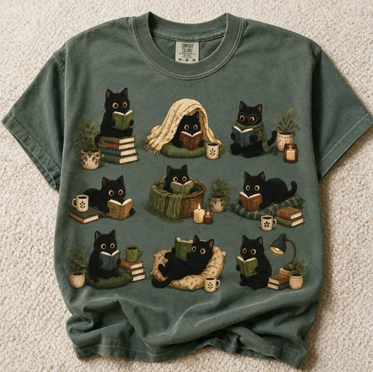 Comfort Colors Black Cat Poses T-Shirt Moss Color Size M
