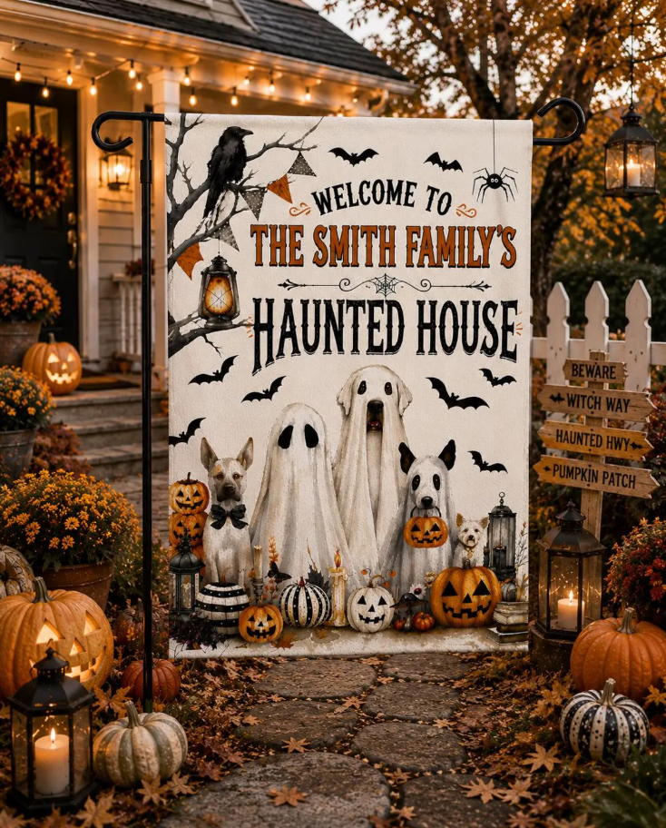 Personalized Haunted House Garden Flag, Custom Family Name Halloween Flag