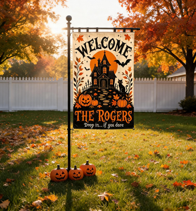 Haunted House Garden Flag, Custom Family Name Halloween Banner, Spooky Pumpkin Yard Flag, Halloween Flag