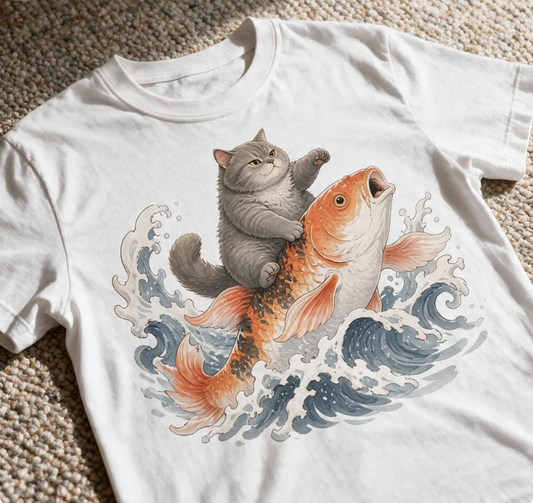 Fat Cat Surfing Koi Fish Japanese Art Meme Cat Shirt White Color Size S