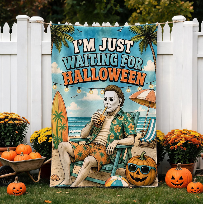 I'm Just Waiting For Halloween Flag, Summerween Garden Flag, Spooky Beach Decor, Halloween Lover Flag, Tropical Halloween Porch Decor