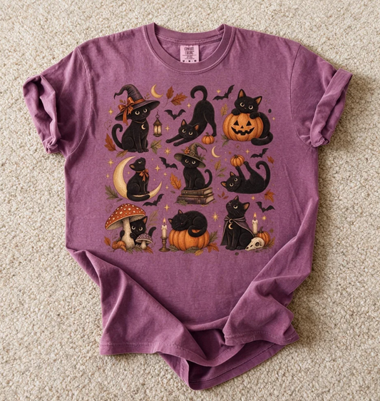 Comfort Colors Pumpkin Cat Tee Berry Color Size M
