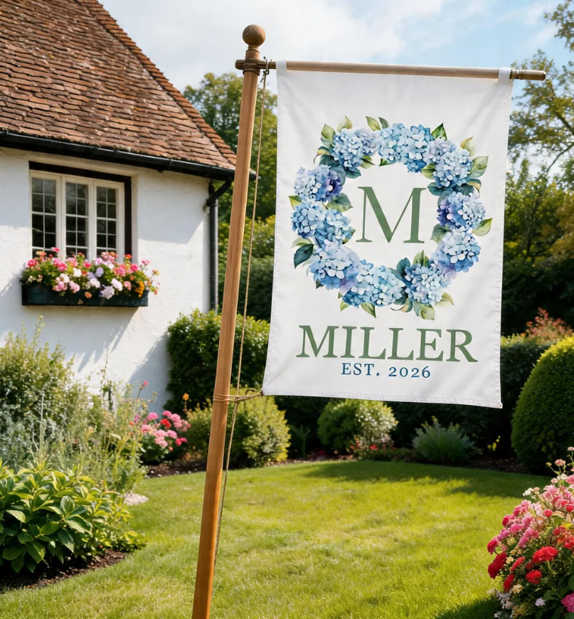 Personalized Hydrangea Monogram Flag, Cottagecore Outdoor Decor, Custom Family Name Yard Banner