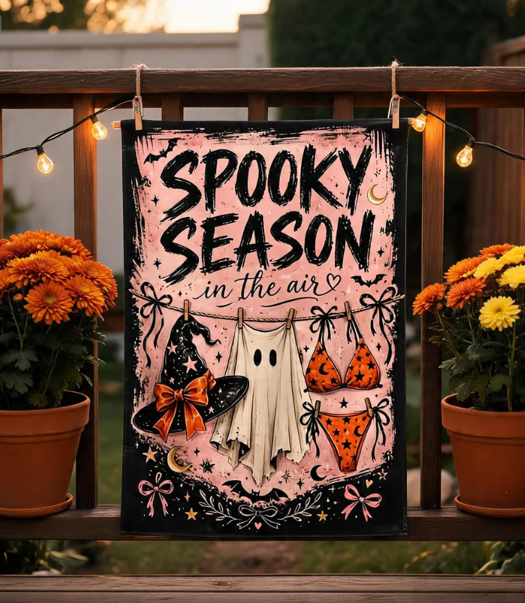 Spooky Halloween Garden Flag, Ghost Witch Hat Yard Decor, Pink Fall Porch Flag Halloween Banner