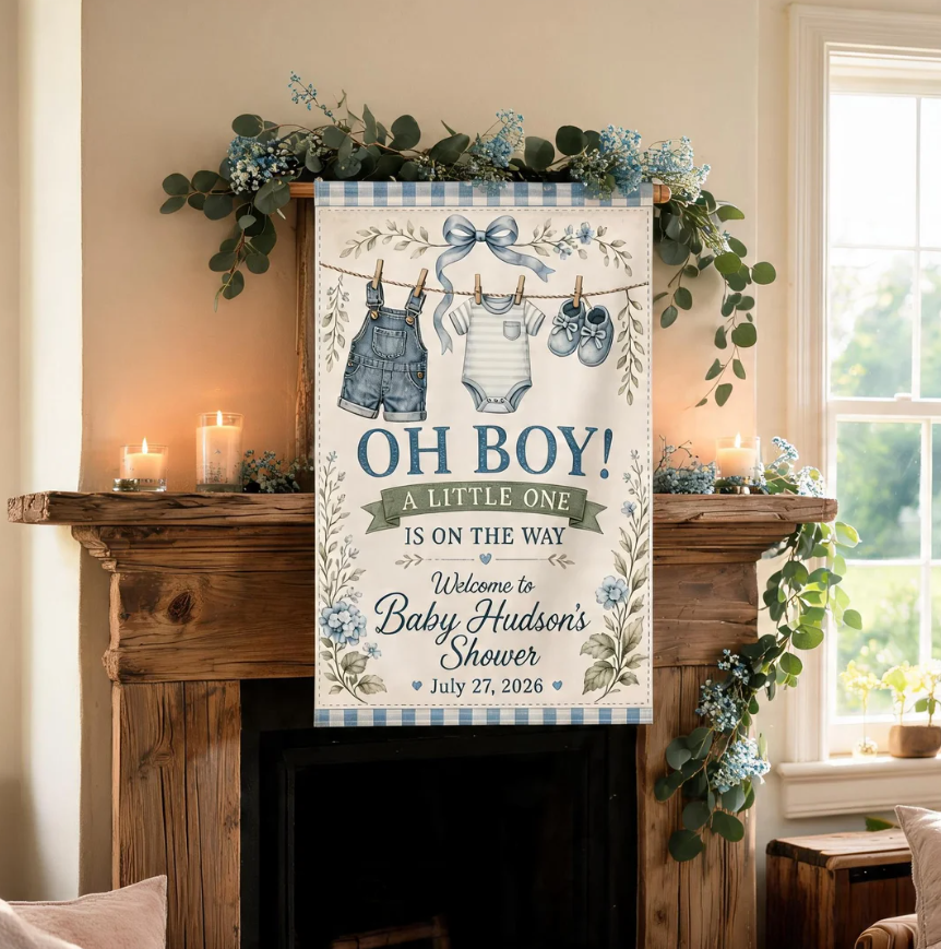Baby Boy Shower Garden Flag Personalized Welcome Banner, Blue Baby Clothes Theme Yard Decor