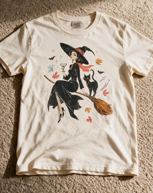 Comfort Colors Vintage Witch & Cat Ringer Tee Ivory Color Size M