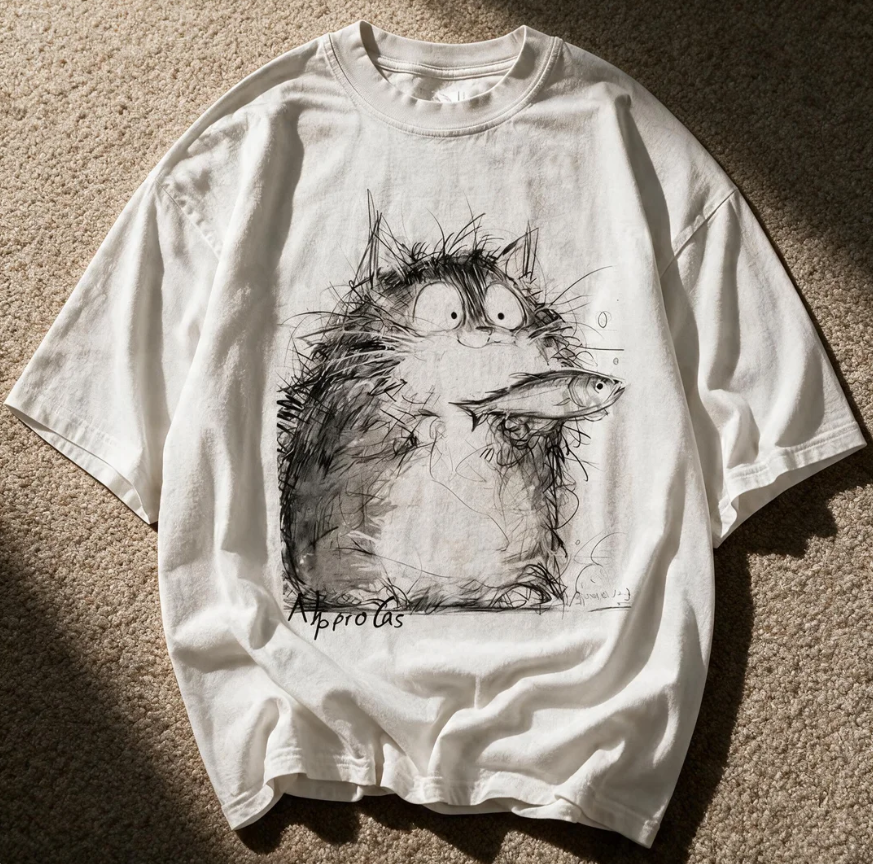 Sketch Cat Eating Fish T-Shirt White Color Size XL