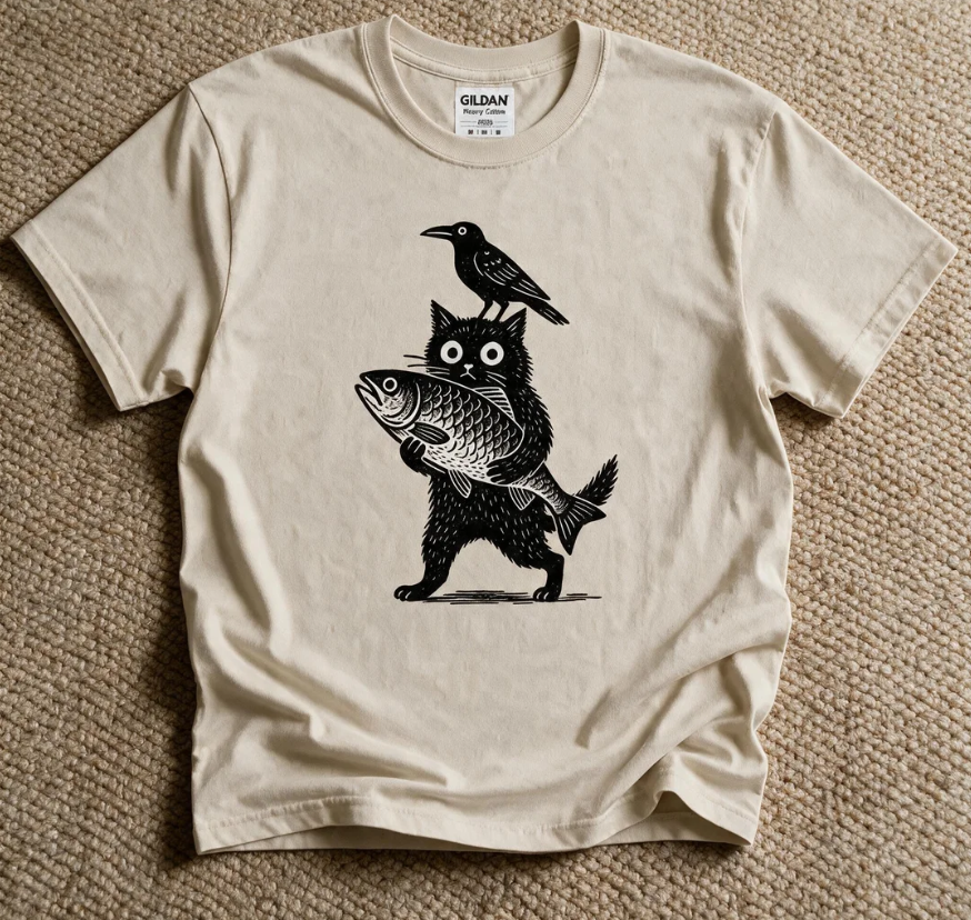 Funny Black Cat Holding Fish Shirt Sand Color Size L