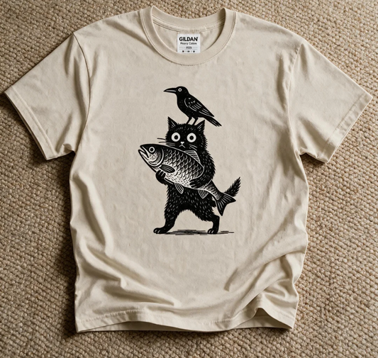 Funny Black Cat Holding Fish Shirt Sand Color Size L