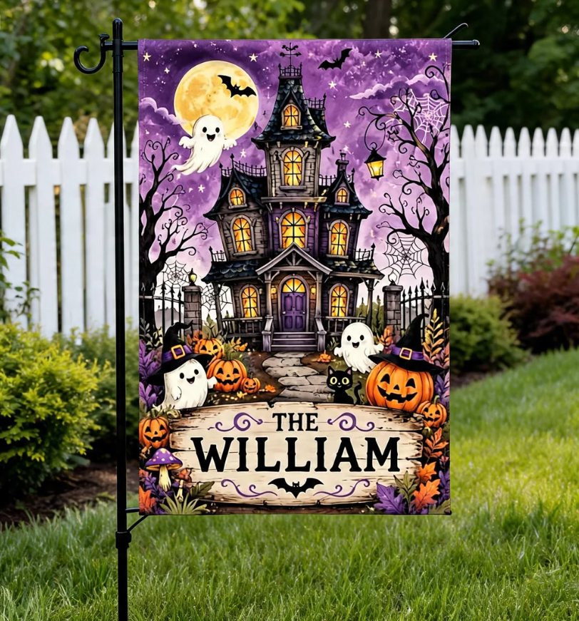Personalized Halloween Haunted House Garden Flag, Custom Family Name Yard Flag