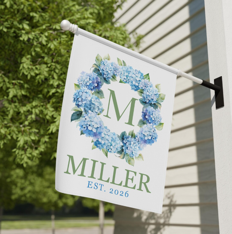 Personalized Hydrangea Monogram Flag, Cottagecore Outdoor Decor, Custom Family Name Yard Banner