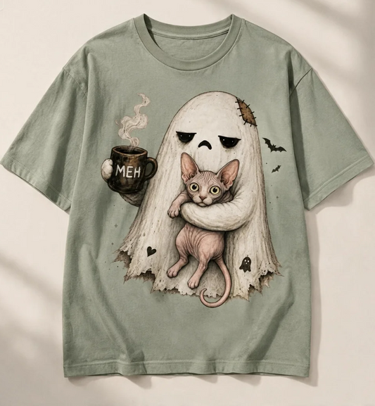 Comfort Color Ghost Sphynx Cat Shirt Sage Color Size S