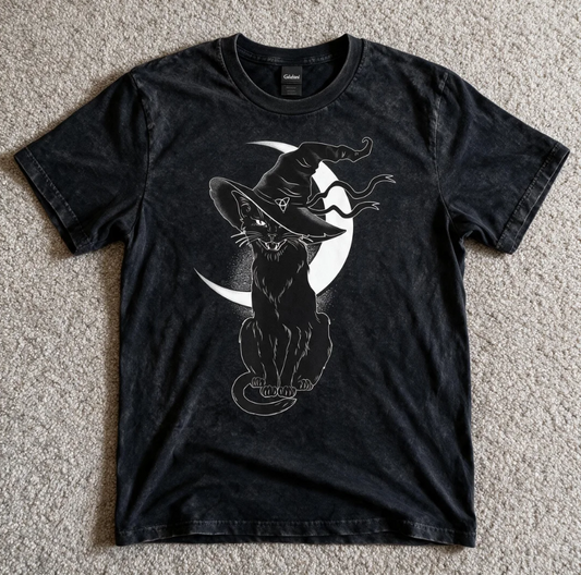 Halloween Black Cat Witch T-Shirt Black Color Size XL