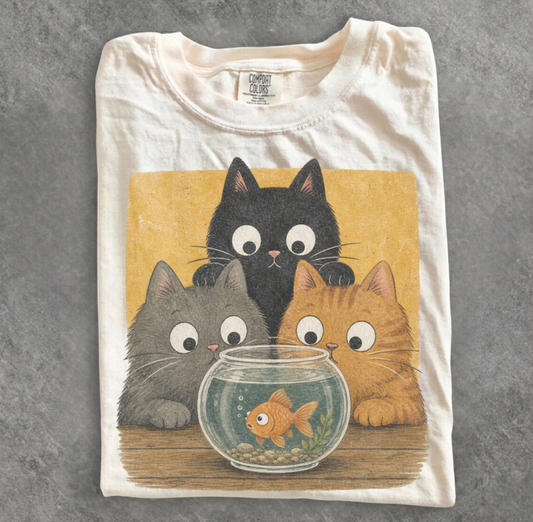 Comfort Color Retro Curious Cats Fishbowl Tee Natural Color Size L