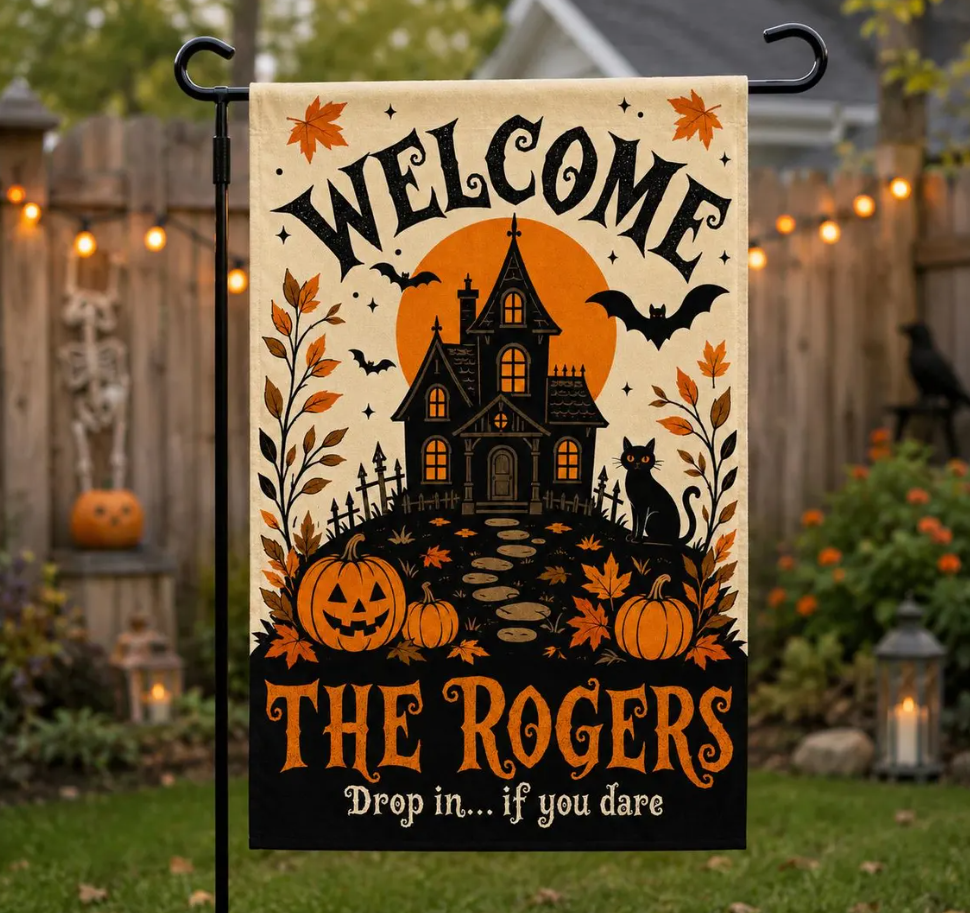 Haunted House Garden Flag, Custom Family Name Halloween Banner, Spooky Pumpkin Yard Flag, Halloween Flag