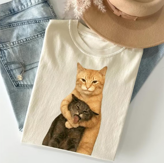 Comfort Color Funny Hugging Cats Vintage T-Shirt Ivory Color Size L