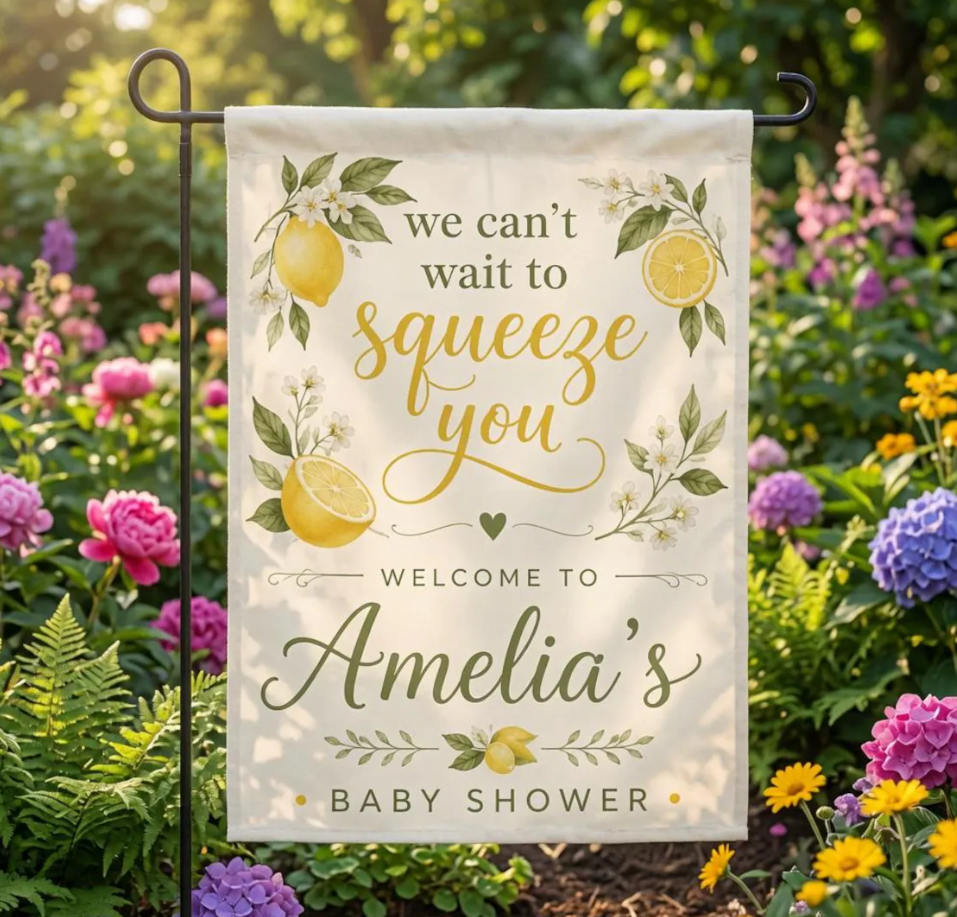 Personalized Lemon Baby Shower Garden Flag, We Can’t Wait To Squeeze You Welcome Sign, Custom Name Citrus Baby Shower Decor