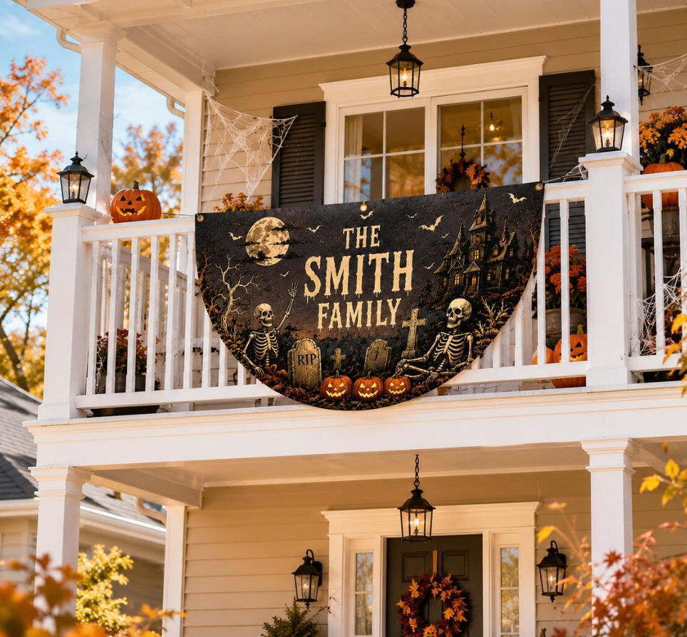 Personalized Family Name Halloween Half Round Garden Flag