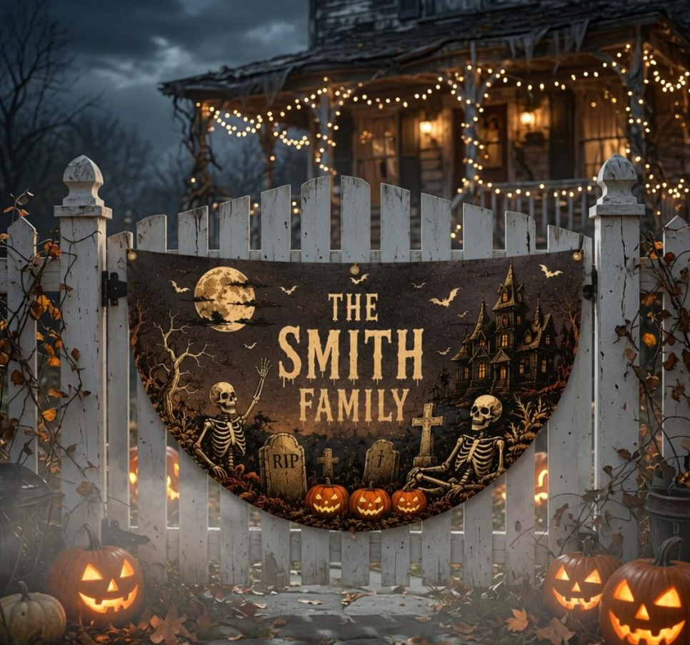 Personalized Family Name Halloween Half Round Garden Flag