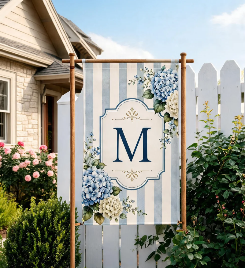 Custom Name Garden Flag, Blue Striped Monogram Yard Sign, Personalized Outdoor Porch Decor
