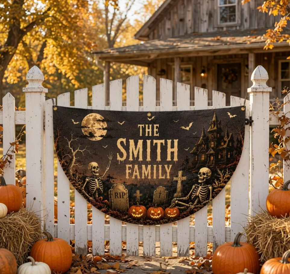 Personalized Family Name Halloween Half Round Garden Flag