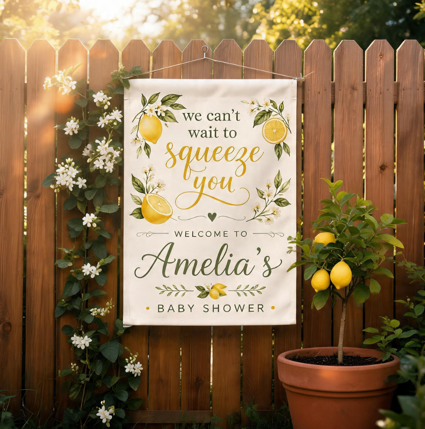 Personalized Lemon Baby Shower Garden Flag, We Can’t Wait To Squeeze You Welcome Sign, Custom Name Citrus Baby Shower Decor