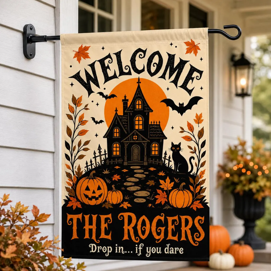 Haunted House Garden Flag, Custom Family Name Halloween Banner, Spooky Pumpkin Yard Flag, Halloween Flag