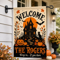 Haunted House Garden Flag, Custom Family Name Halloween Banner, Spooky Pumpkin Yard Flag, Halloween Flag