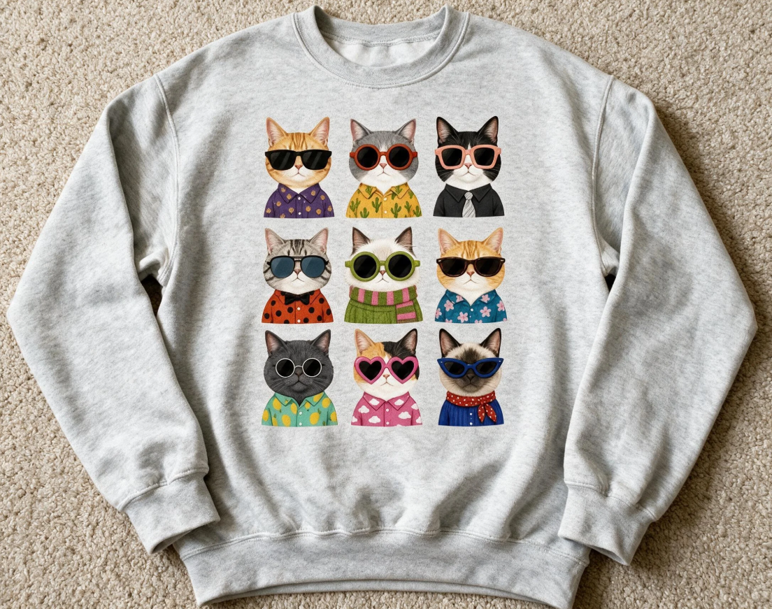 Cool Cats Wearing Sunglasses Sweatshirt Ash Color Size XL