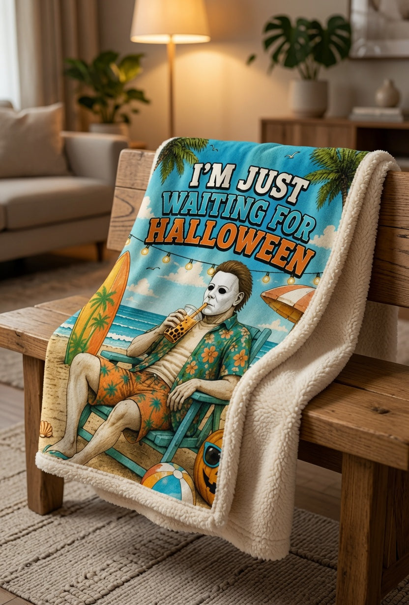 I'm Just Waiting For Halloween Velveteen Blanket, Summerween Fleece Blanket, Spooky Beach Decor, Halloween Lover Blanket, Tropical Halloween Porch Blanket