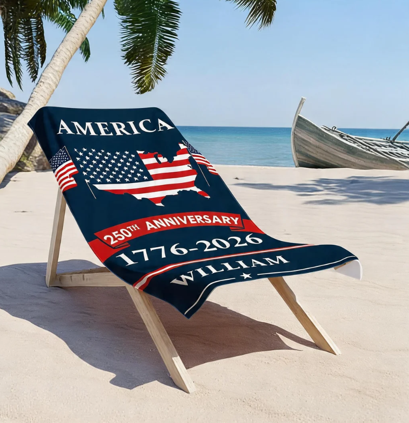 Personalized 250th Anniversary Beach Towel, Custom Name Patriotic Towel, 1776-2026 American Flag Gift