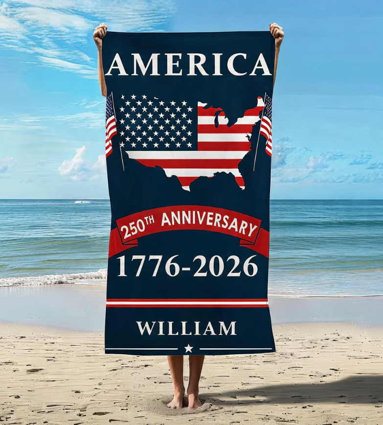 Personalized 250th Anniversary Beach Towel, Custom Name Patriotic Towel, 1776-2026 American Flag Gift