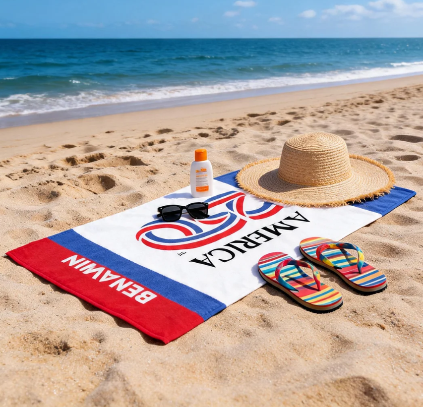 Personalized Beach Towel - America 250th - Patriotic Red, White, and Blue - USA Birthday
