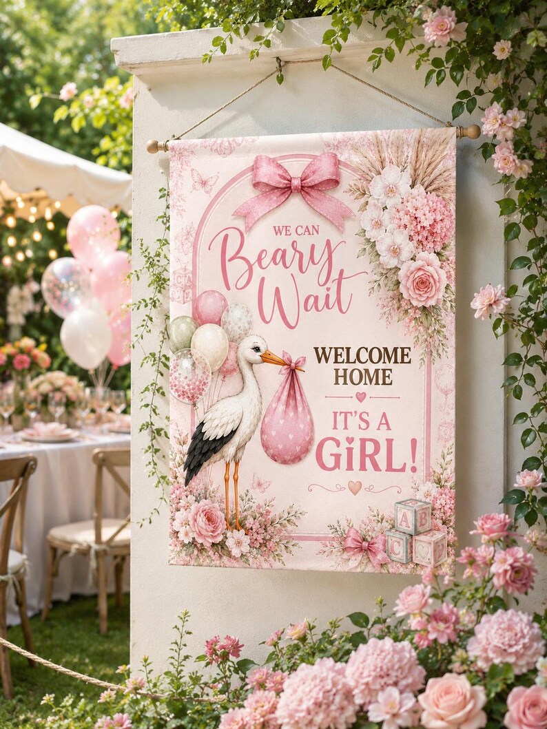 Baby Shower Garden Flag, It's a Girl Garden Flag, We Can Bearly Wait Decor, Pink Floral Welcome Baby Yard Flag