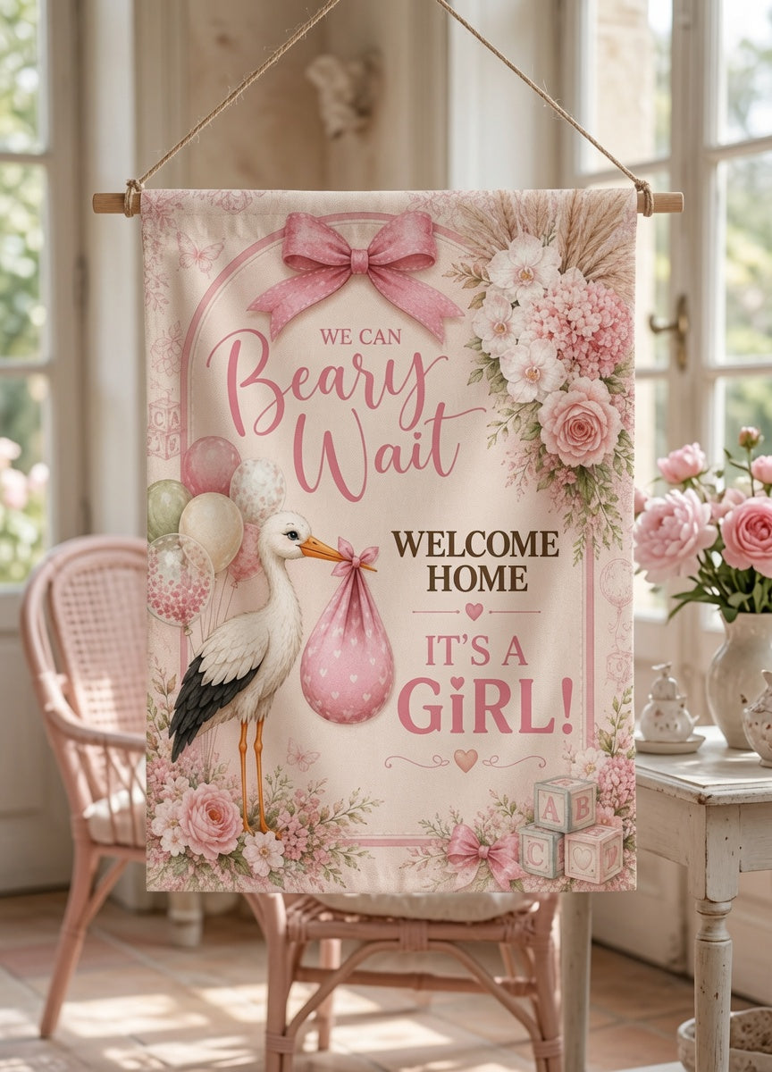 Baby Shower Garden Flag, It's a Girl Garden Flag, We Can Bearly Wait Decor, Pink Floral Welcome Baby Yard Flag