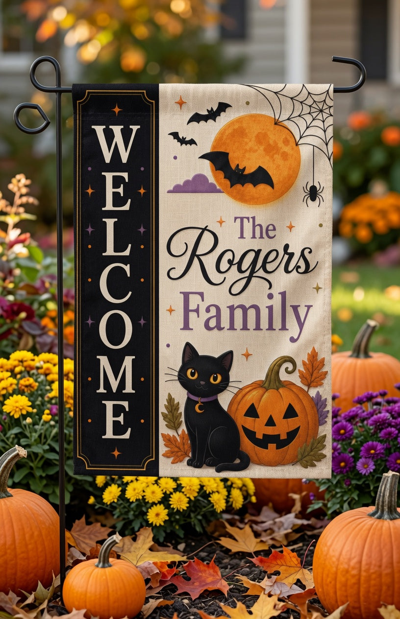 Personalized Halloween Garden Flag, Black Cat Pumpkin Family Name Yard Decor, Custom Welcome Porch Flag